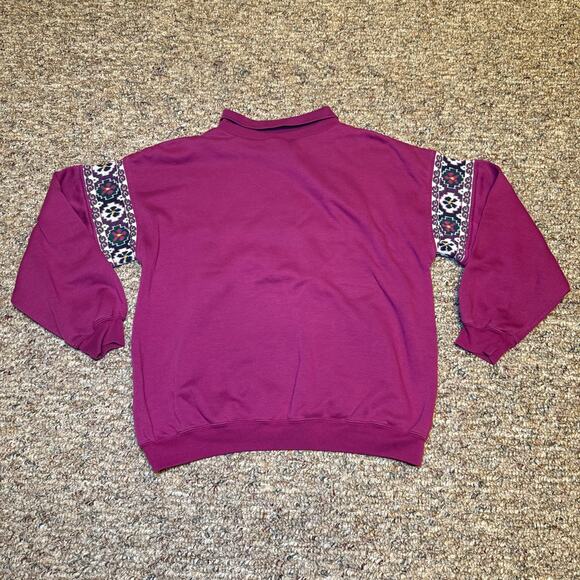 90s Womens Size XL Floral Knit Collar Sweatshirt Magenta & Cream - Picture 2 of 4